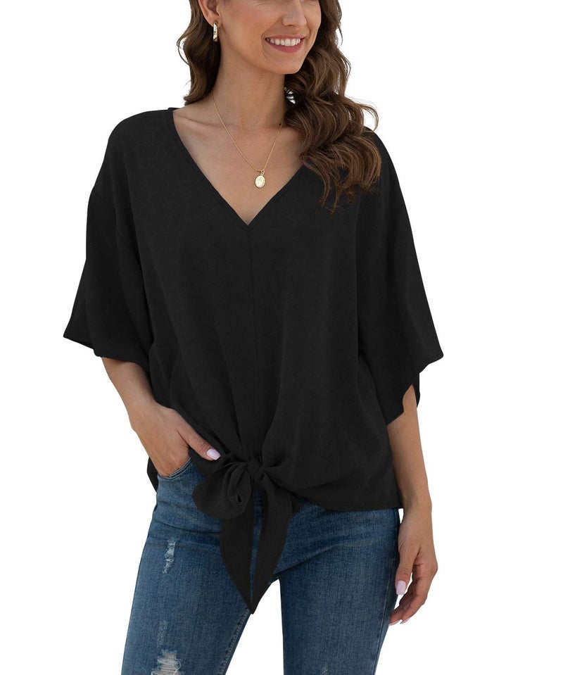 VIISHOW Women Bell Sleeve Shirt Tie Knot Casual Chiffon Blouses Tops, Pure Black, X-Large - Image 2
